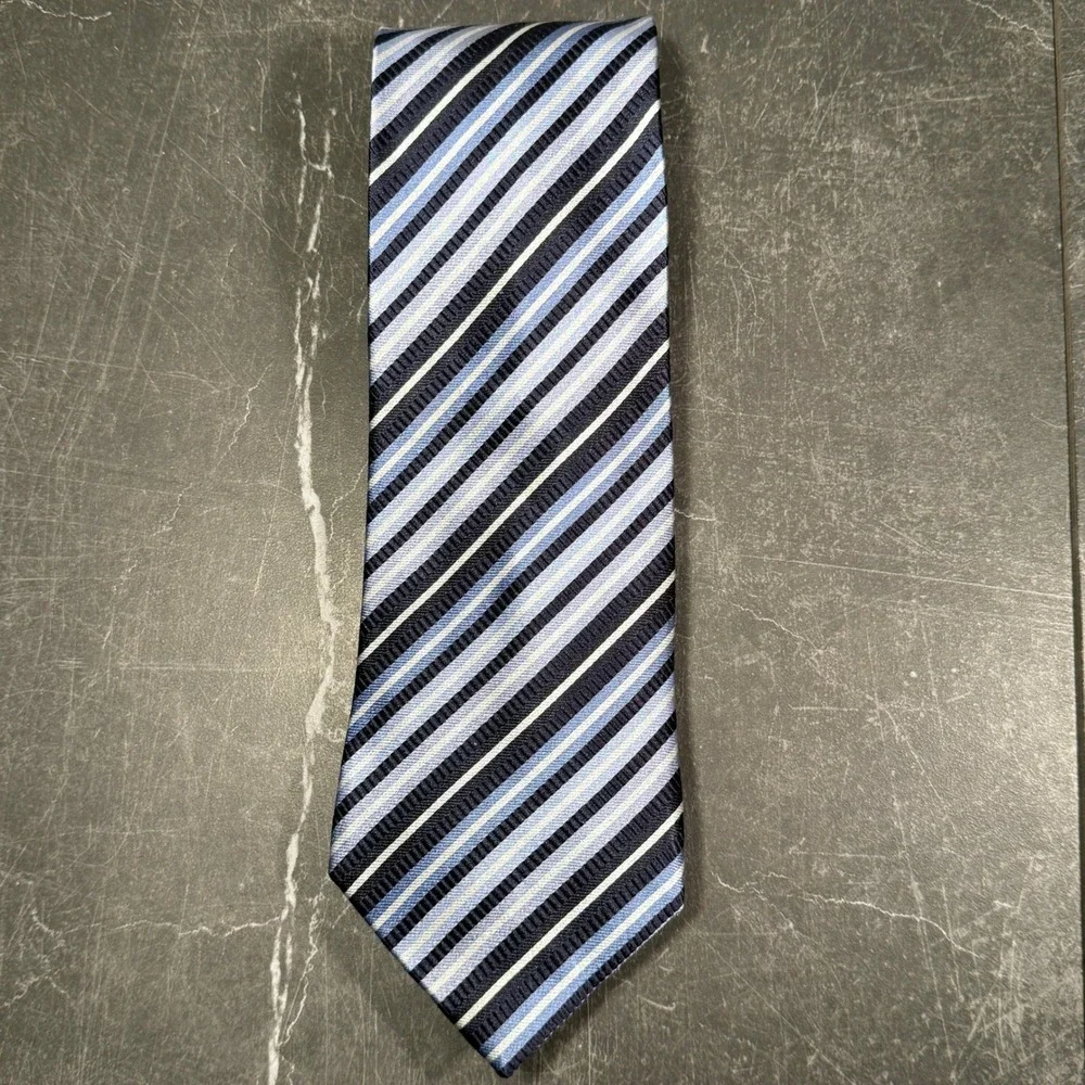 Vintage Yves Saint Laurent Pour Homme Silk Striped Necktie‎ Blue Silver Designer